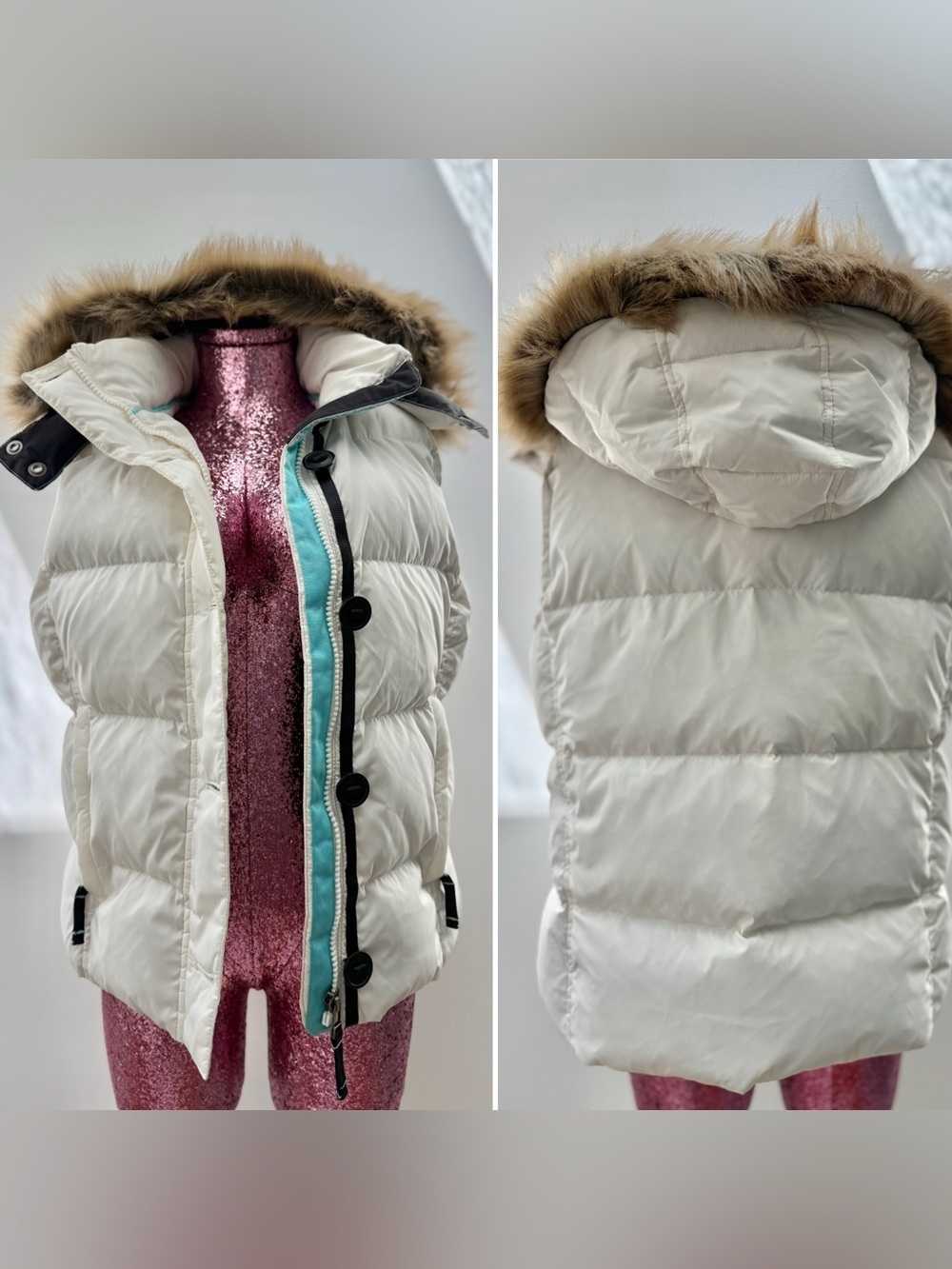 L.L. Bean Vintage Faux Fur Hooded Goose Down Puffer Vest White M